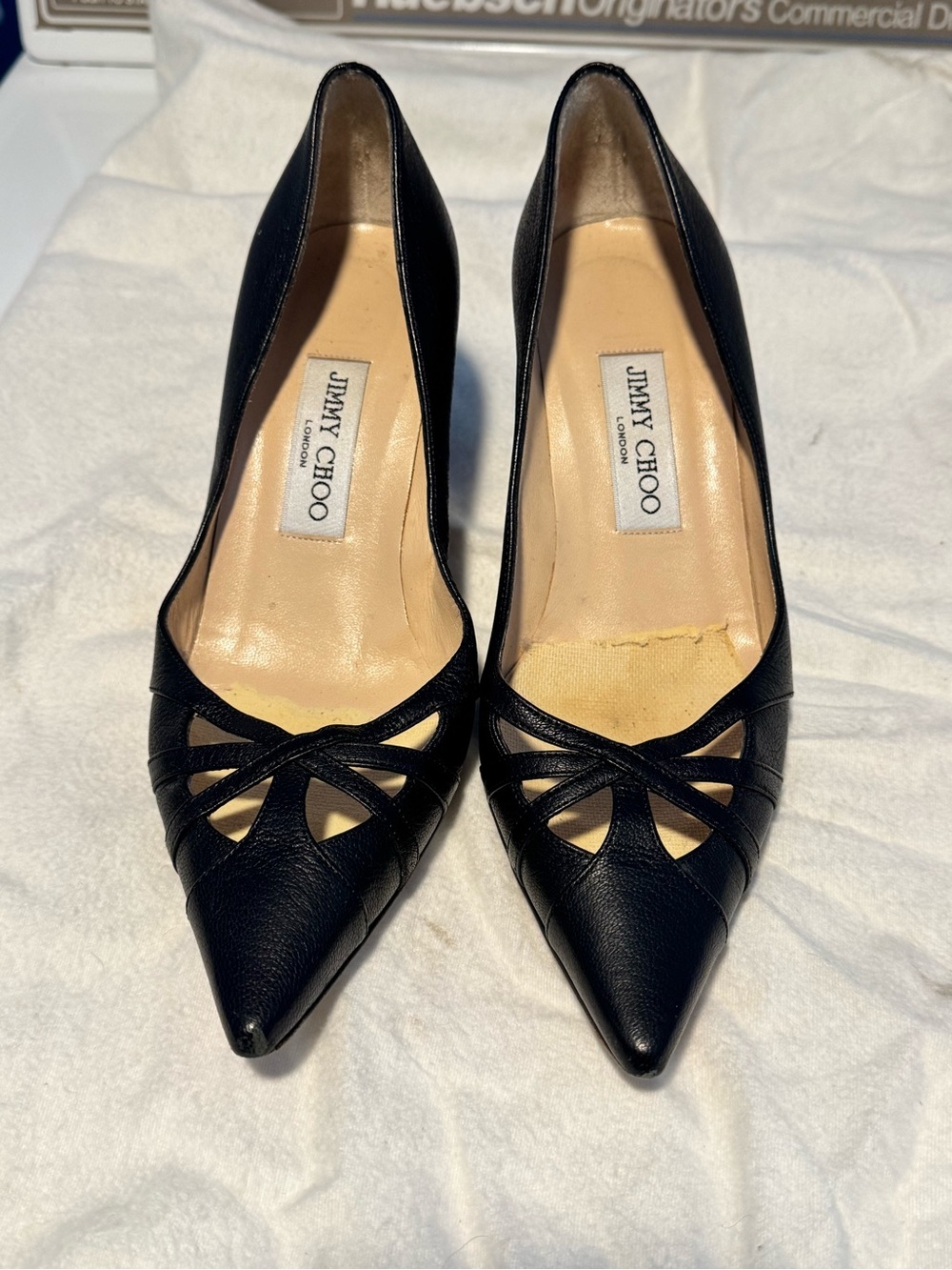 Jimmy Choo Black Leather Cutout Pointed-Toe Pumps